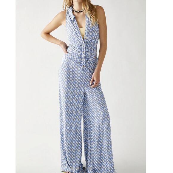 Free People Shayla Collared Retro V-Neck Racer Back Wide Leg Halter Jumpsuit - Picture 1 of 13